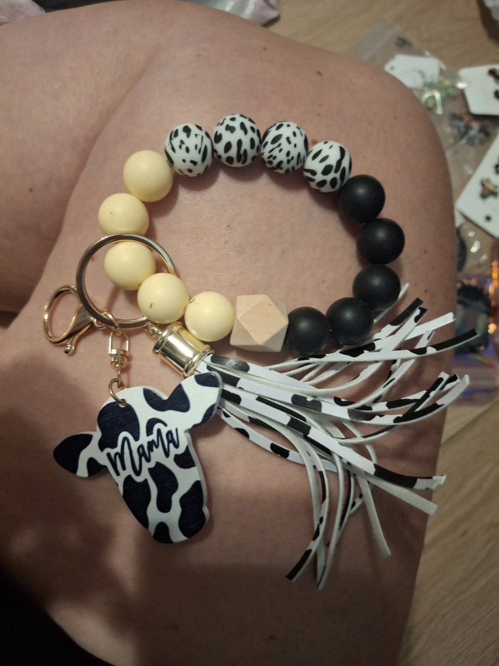 Mama Cow Print Tassel Bracelet Keychain - Black & Cream